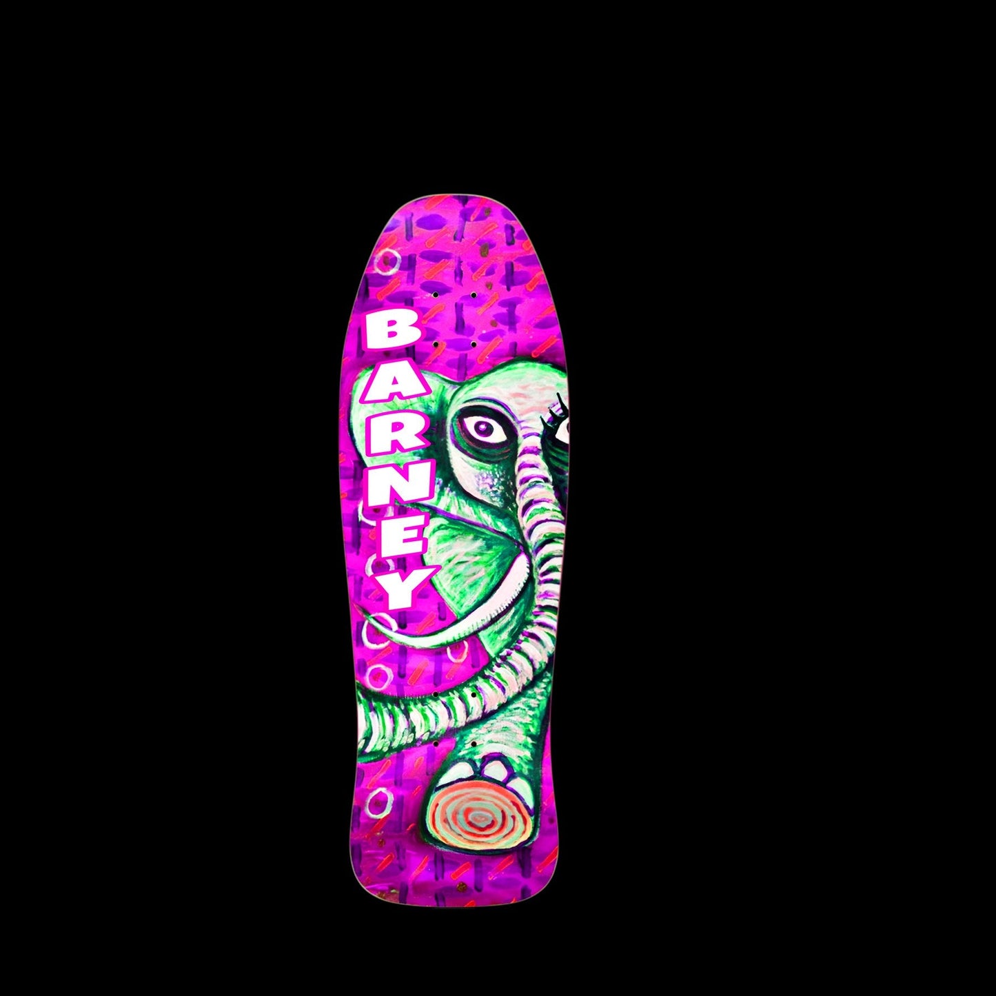 9BARN skate deck, Abduction. Magenta and green Elephante artwork by Shawn "Barney" Barron with BARNEY in white down the deck.