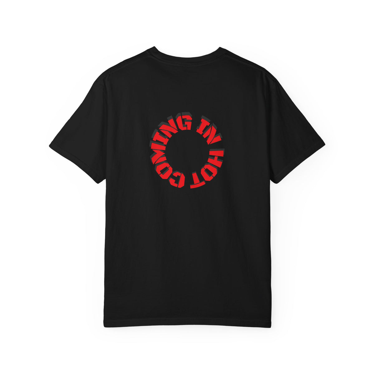 Black 9BARN Coming In Hot tee, back, COMING IN HOT in a red ring