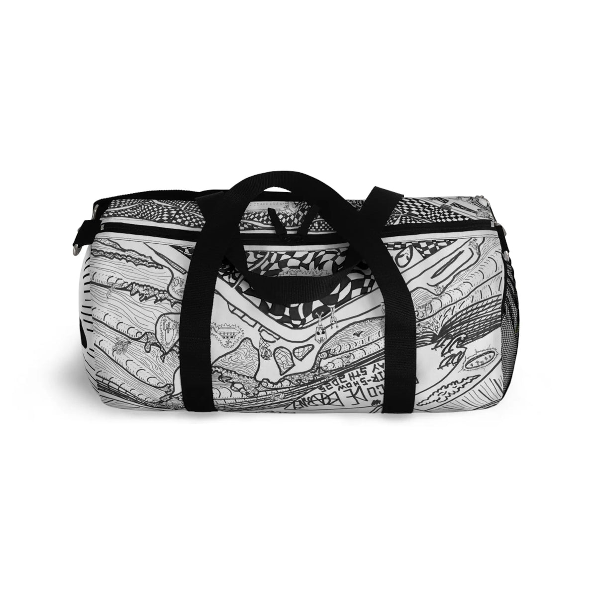 9BARN Duffle Bag in black and white, front, dense hand-drawn line art print.