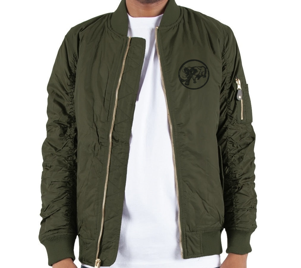 9BARN Olive Bomber Jacket, front, black Elephante circle logo on the left chest.