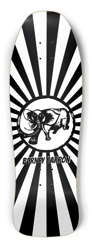 Barney Board skateboard deck, black and white sunburst with the 9BARN elephant and Barney Barron name