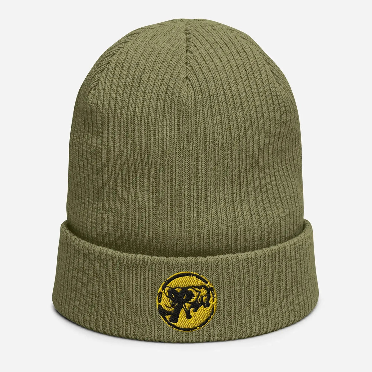 9BARN Elephante Beanie in Olive Green, front, gold Elephante emblem on the cuff.