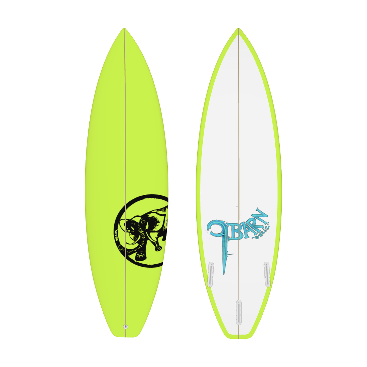 9BARN surfboard, Acid Elephant, deck and bottom side by side.