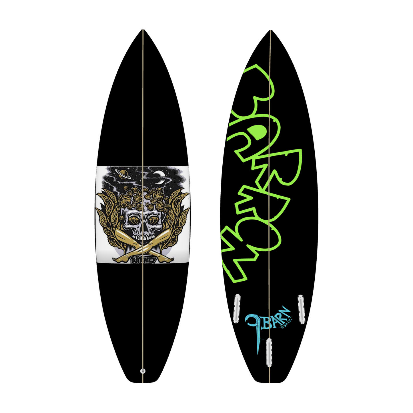 9BARN surfboard, Crossbones, deck and bottom side by side.
