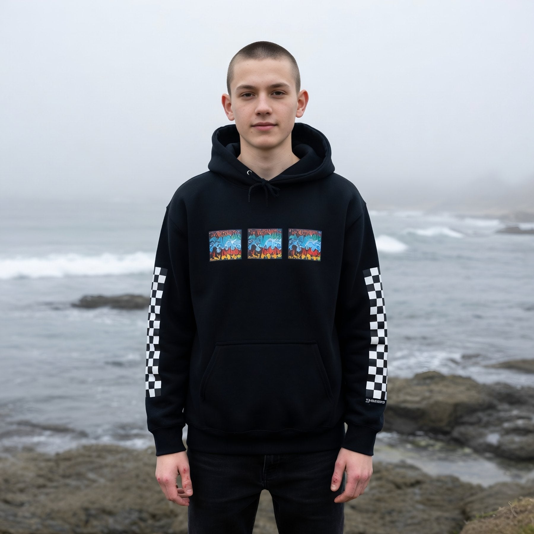 9BARN Waves hoodie in black, worn on the Santa Cruz coast.