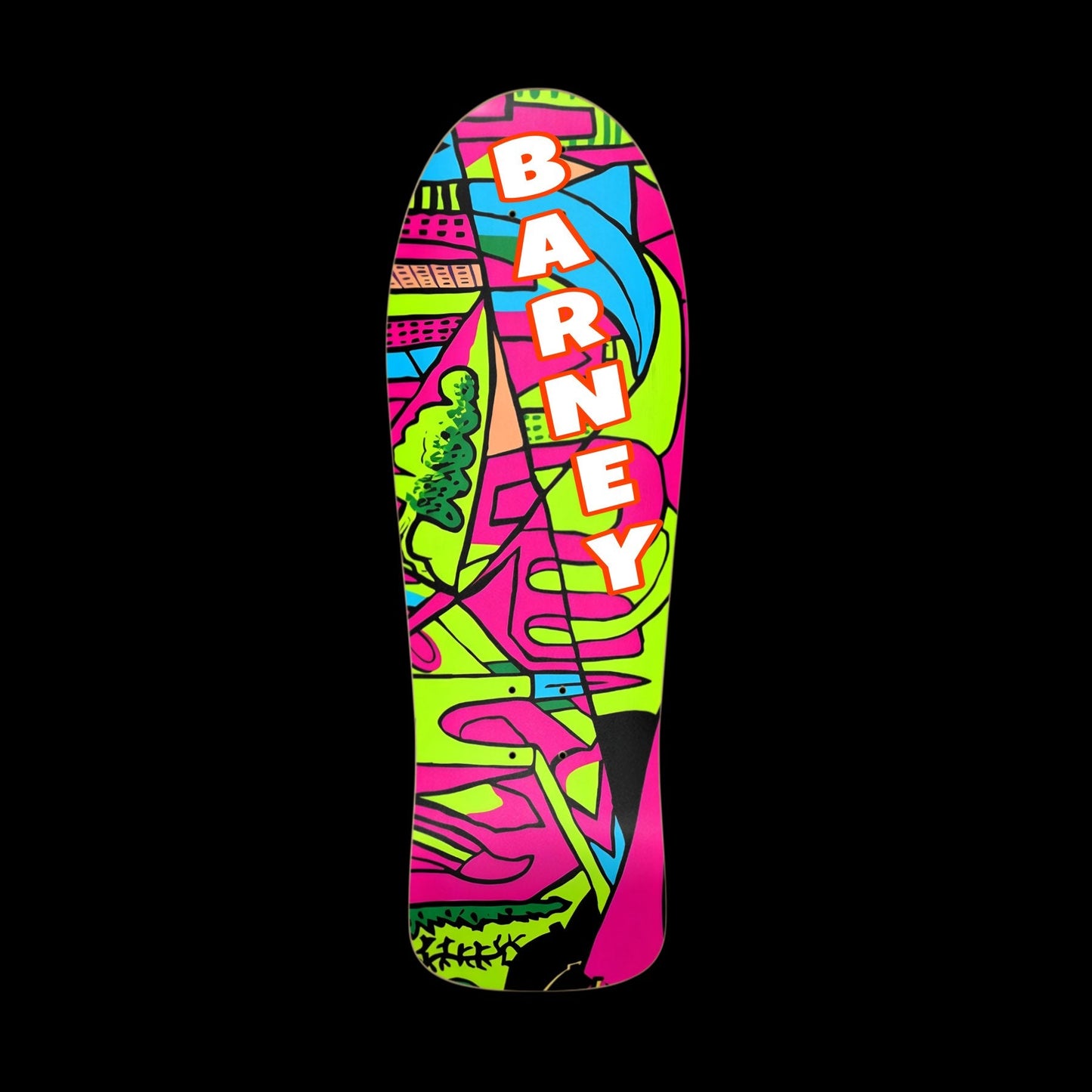 9BARN skate deck, Barney Vision. Neon artwork by Shawn "Barney" Barron with BARNEY in white down the deck.