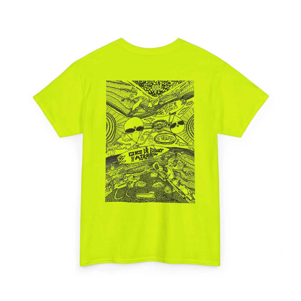 Safety Green 9BARN Cinco de Barney Air Show tee, back, Barney's hand-inked alien and surfboard drawing