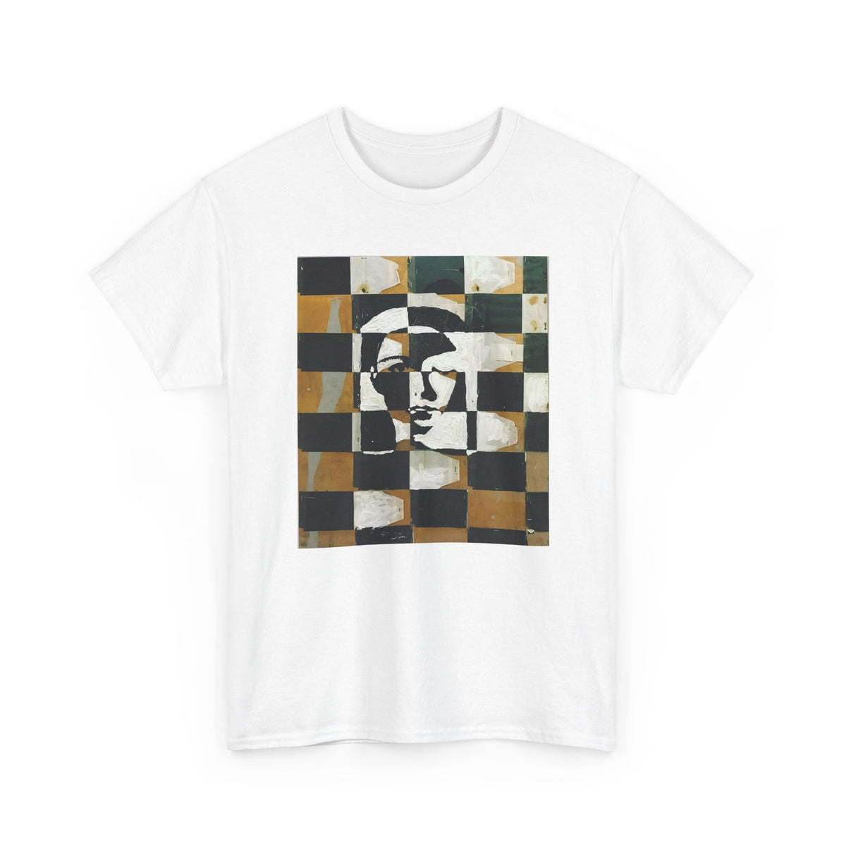 9BARN Collage Face tee in White, front, checkerboard portrait print.