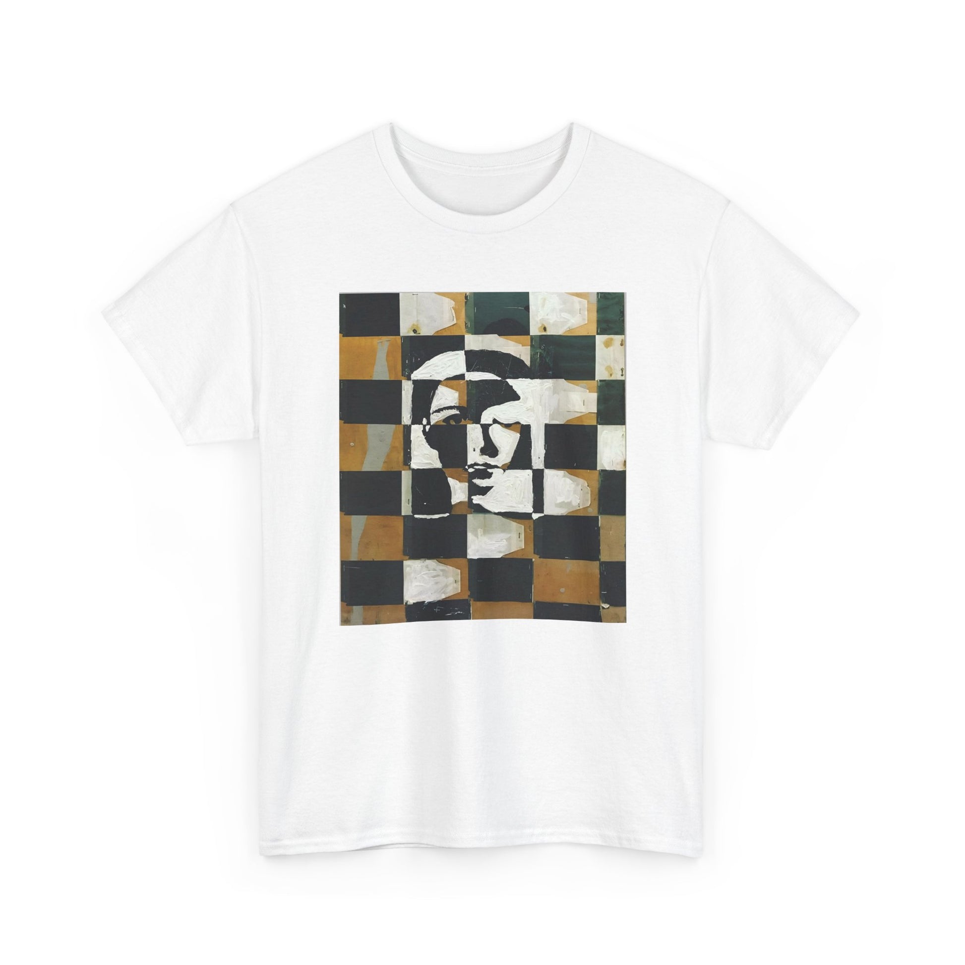 9BARN Collage Face tee in White, front, checkerboard portrait print.