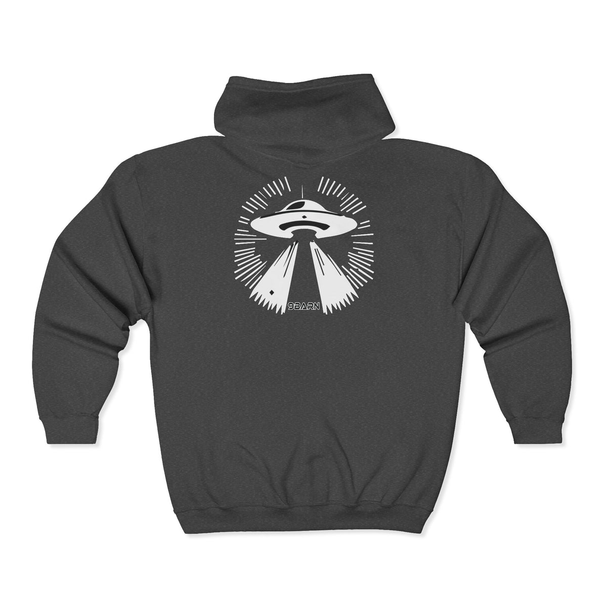9BARN Abduction Fullzip Hoodie in Sport Grey, back, UFO abduction scene print.