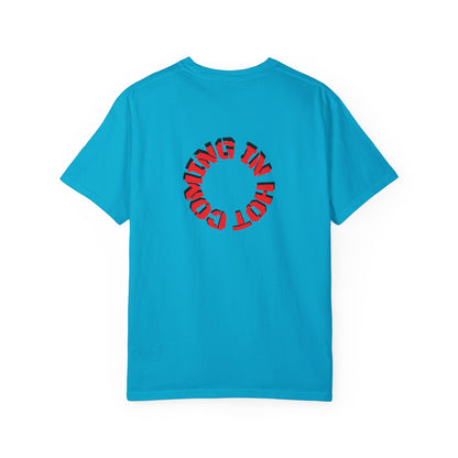 Sapphire blue 9BARN Coming In Hot tee, back, COMING IN HOT in a red ring
