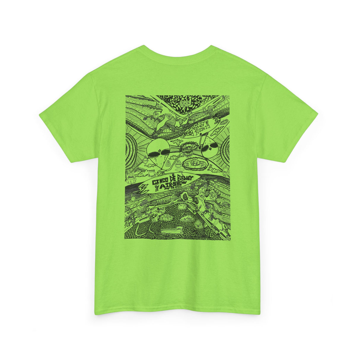 Neon Green 9BARN Cinco de Barney Air Show tee, back, Barney's hand-inked alien and surfboard drawing