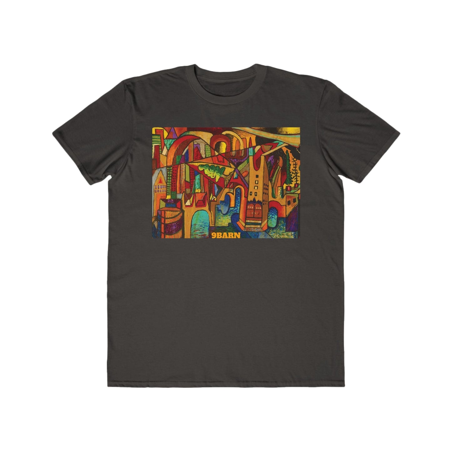 9BARN CityScape tee, second view of the full-front cityscape painting print.