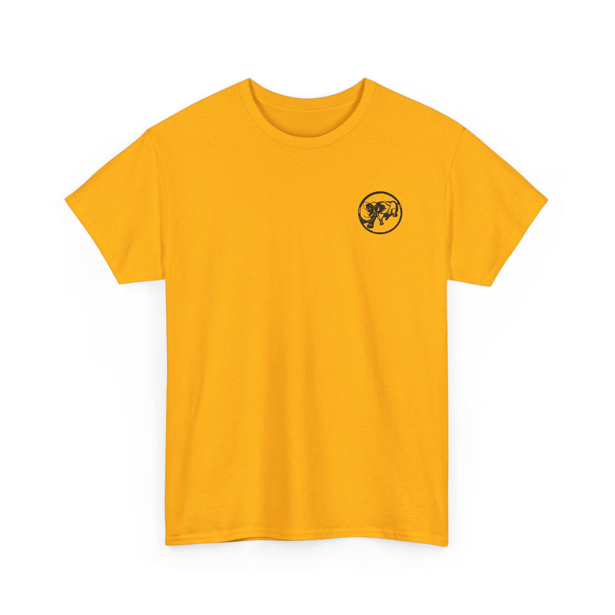 Gold 9BARN Cinco de Barney Air Show tee, front, small circle emblem on the left chest