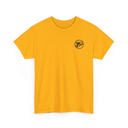 Gold 9BARN Cinco de Barney Air Show tee, front, small circle emblem on the left chest