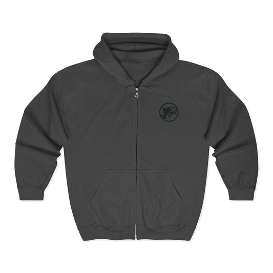 9BARN Abduction Fullzip Hoodie in Black, front, Elephante emblem on the chest.