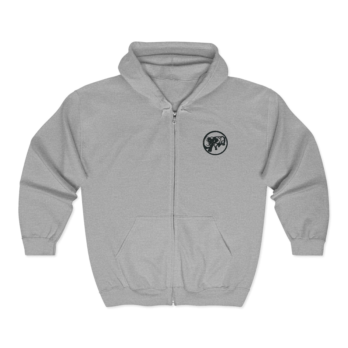 9BARN Abduction Fullzip Hoodie in Sport Grey, front, Elephante emblem on the chest.