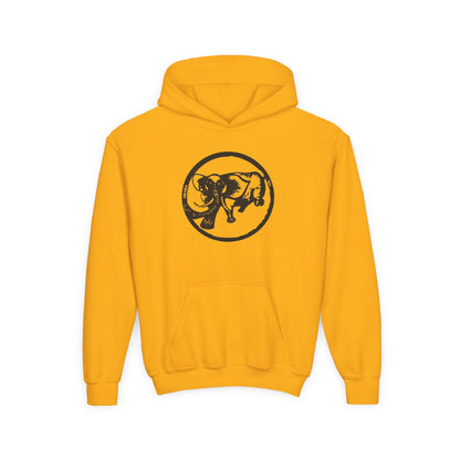 Gold youth hoodie with black 9BARN Elephante logo on the chest