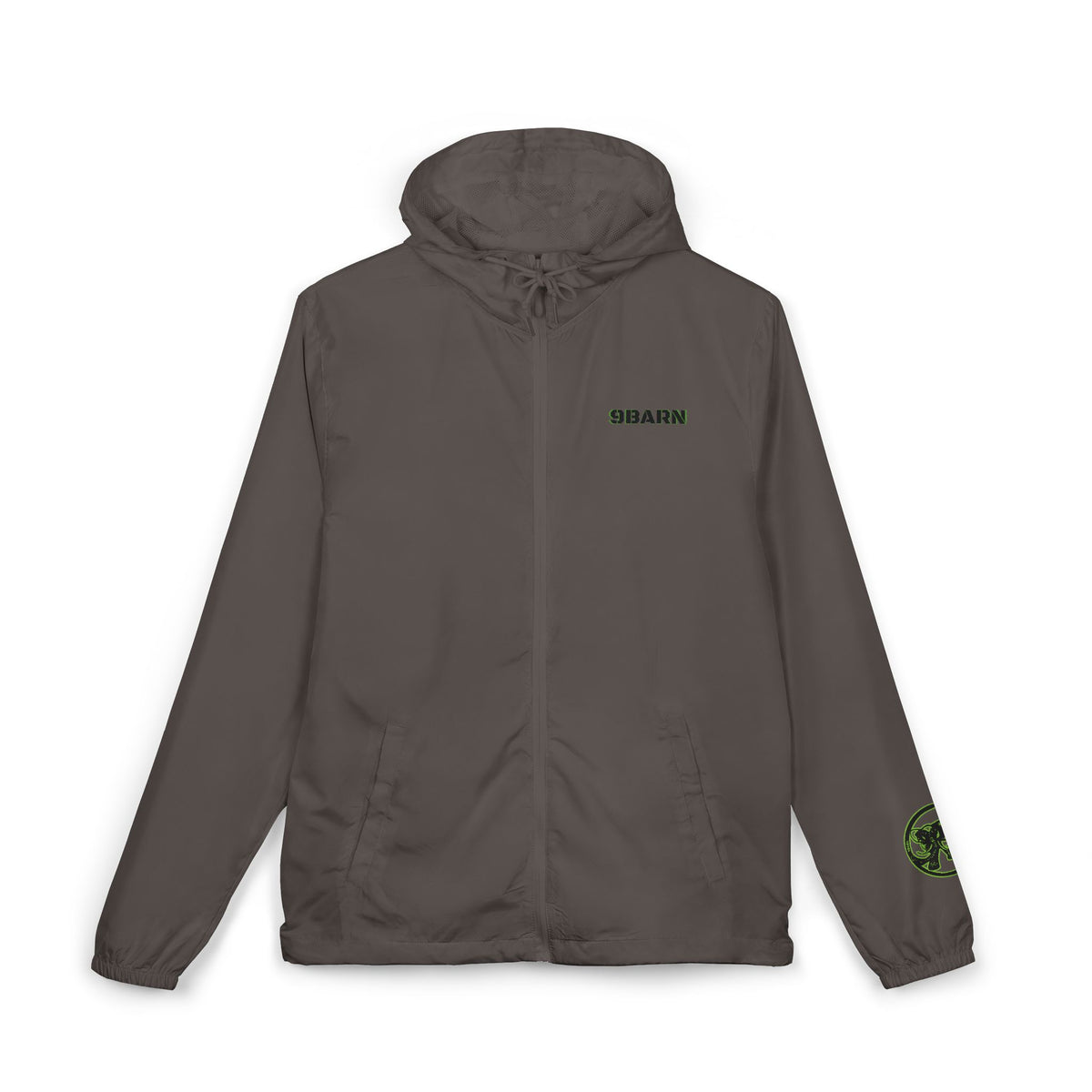 Graphite grey 9BARN lightweight zip-up windbreaker, front, with the 9BARN mark on the chest and the emblem on the sleeve