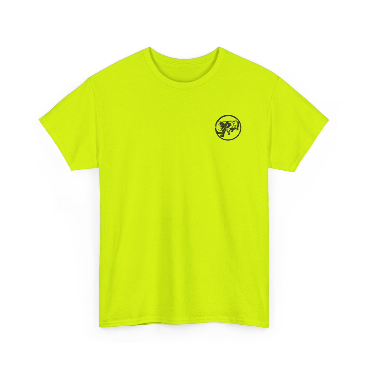 Safety Green 9BARN Cinco de Barney Air Show tee, front, small circle emblem on the left chest