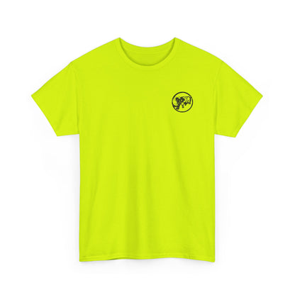 Safety Green 9BARN Cinco de Barney Air Show tee, front, small circle emblem on the left chest