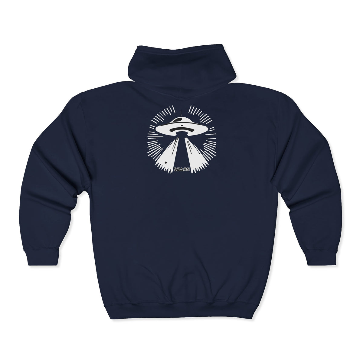 9BARN Abduction Fullzip Hoodie in Navy, back, UFO abduction scene print.