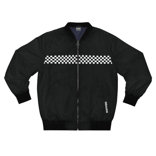 9BARN Down Low Bomber Jacket in black, front, checkerboard stripe across the chest