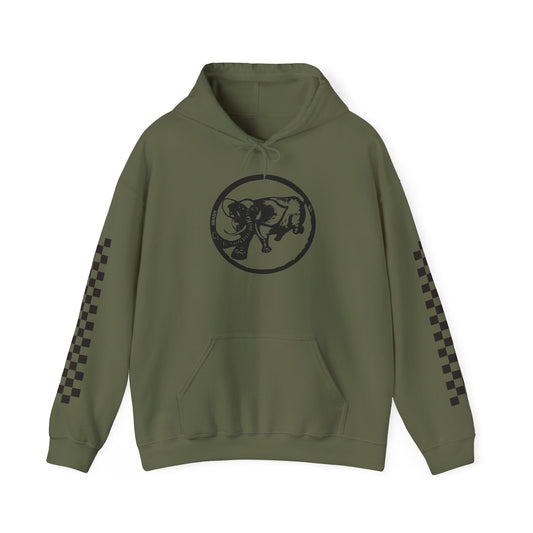 9BARN Elephante Logo Pullover Hoodie in military green, the Elephante mark on the chest with checkerboard sleeves