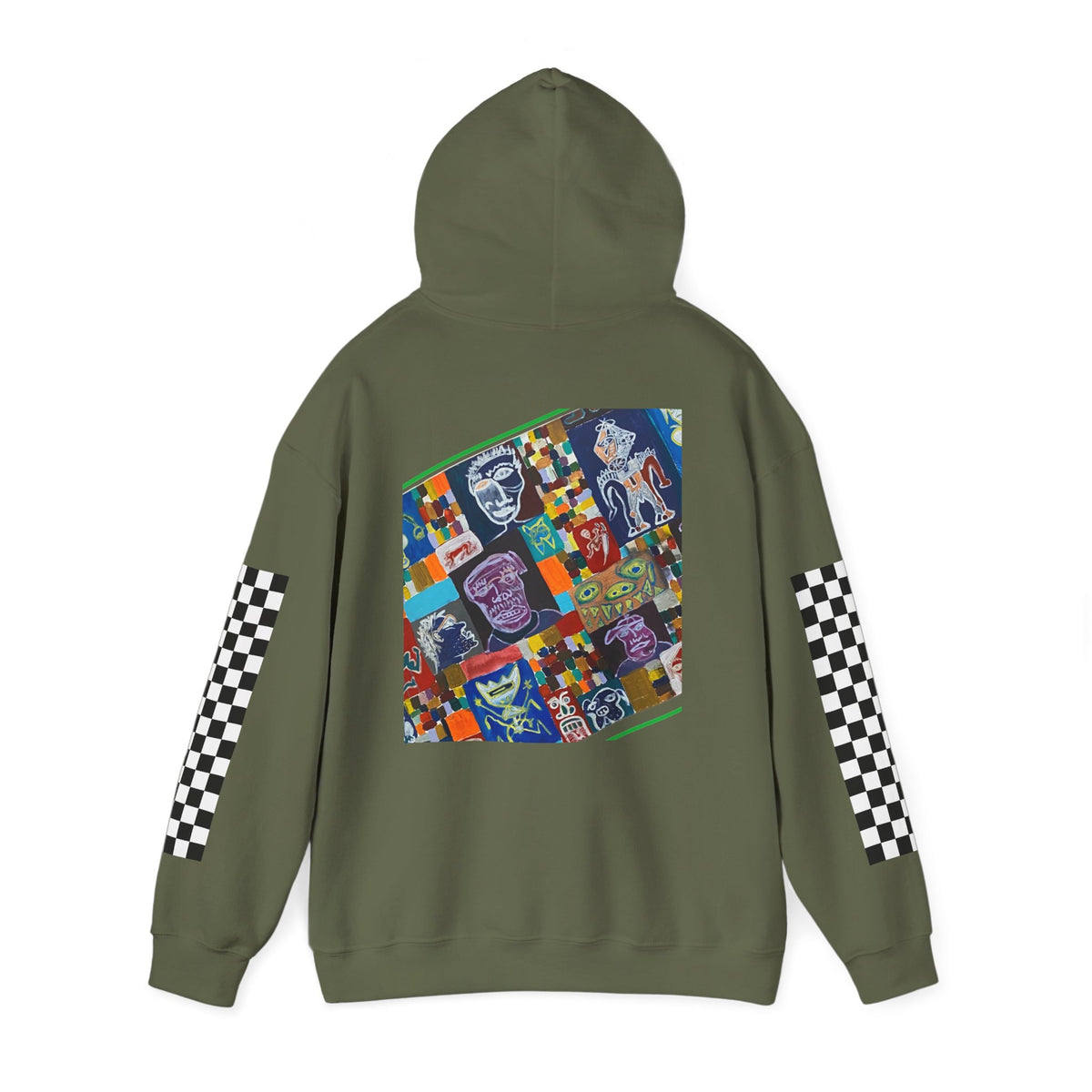 9BARN Side Face hoodie in Military Green, front, full-color face-collage panel across the chest, black and white checkerboard panels on both sleeves.