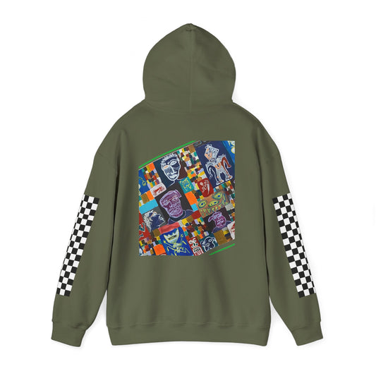 9BARN Side Face hoodie in Military Green, front, full-color face-collage panel across the chest, black and white checkerboard panels on both sleeves.