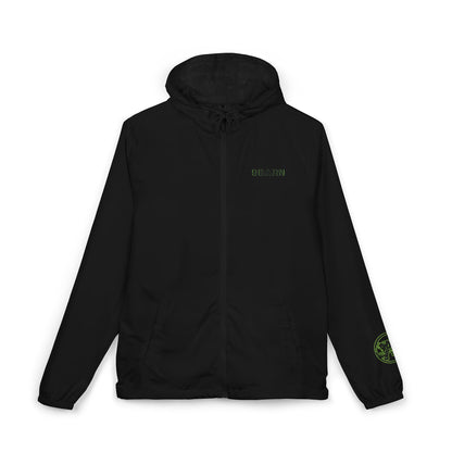 Black 9BARN lightweight zip-up windbreaker, front, with the 9BARN mark on the chest and the emblem on the sleeve