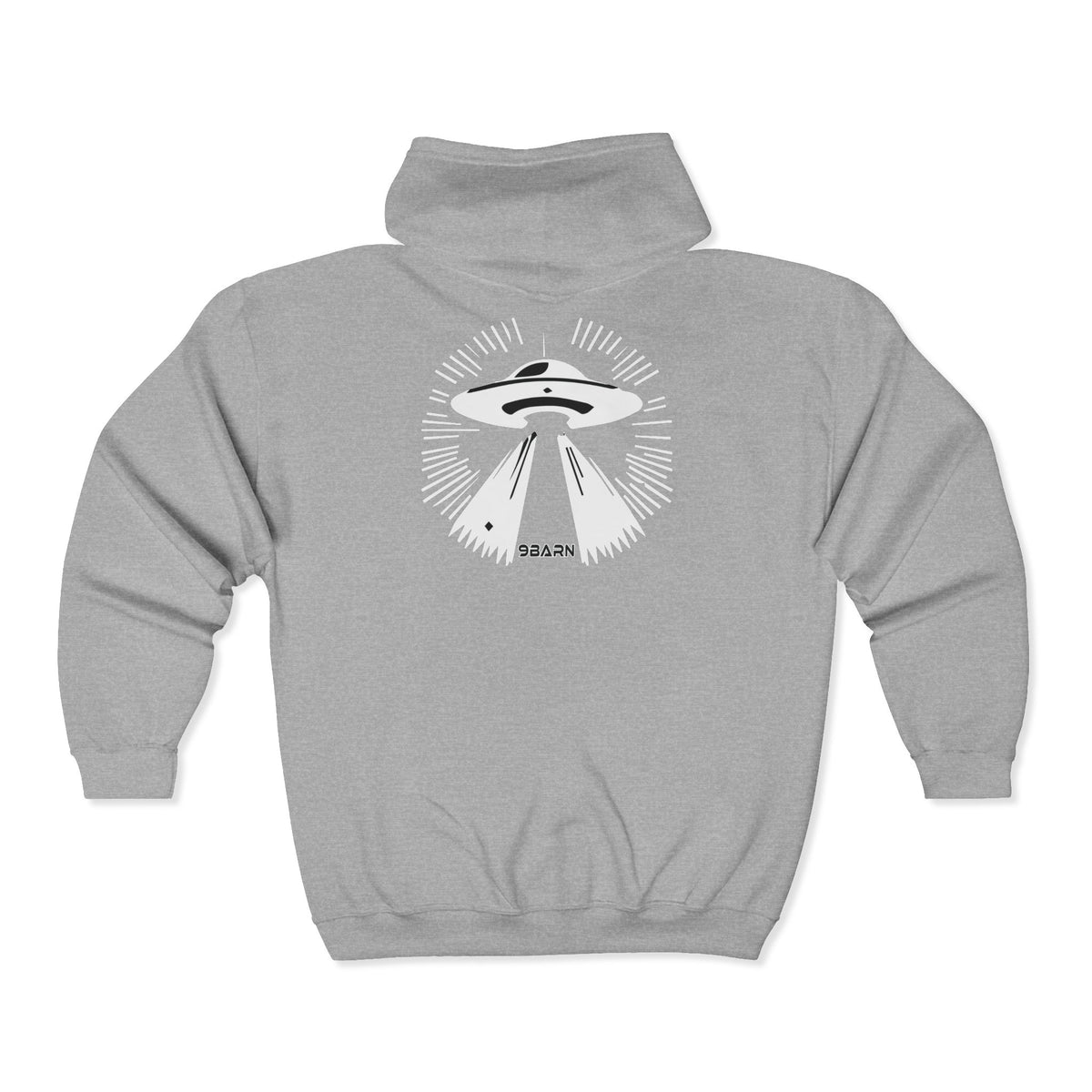 9BARN Abduction Fullzip Hoodie in Dark Heather, back, UFO abduction scene print.
