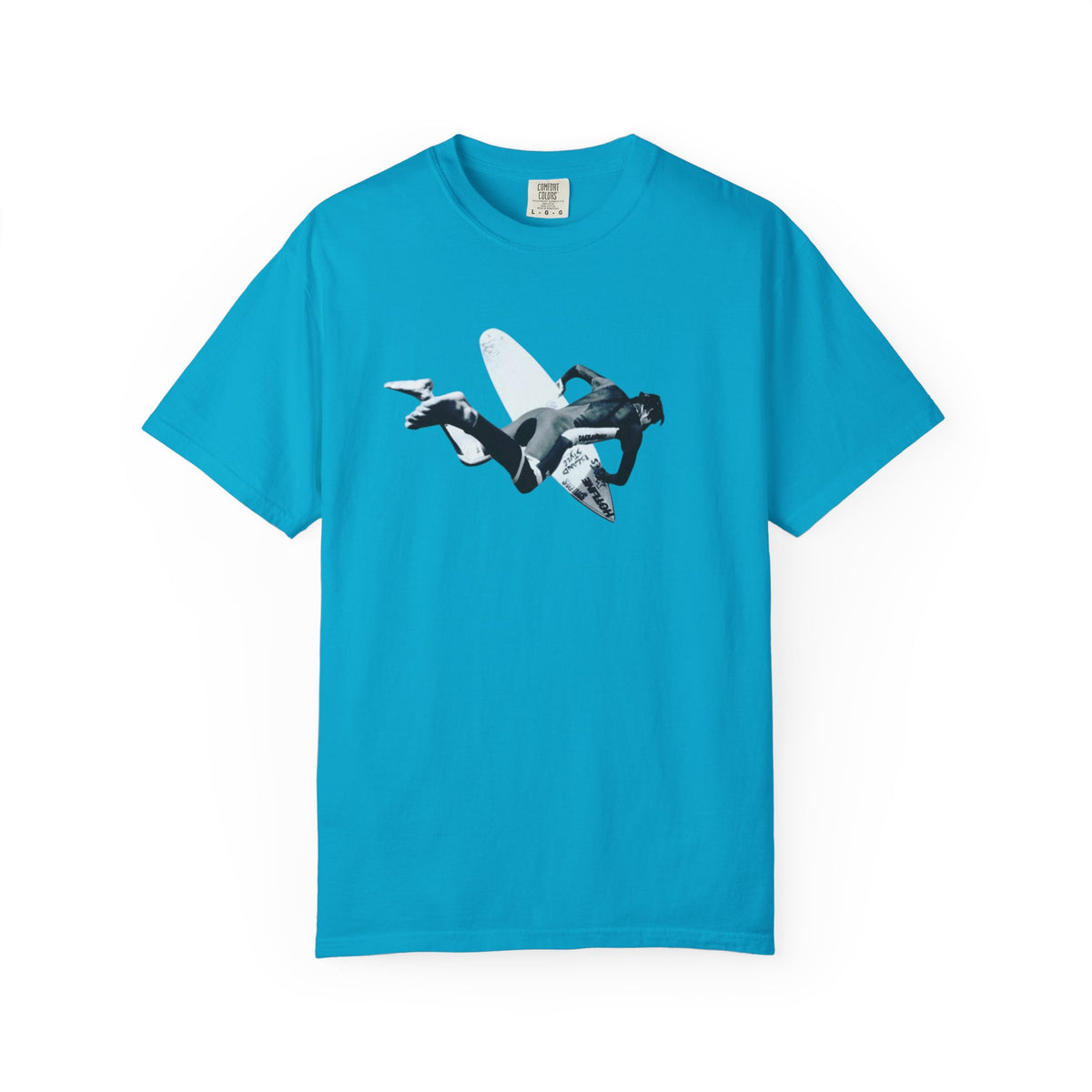 Sapphire blue 9BARN Coming In Hot tee, front, surfer in mid-air