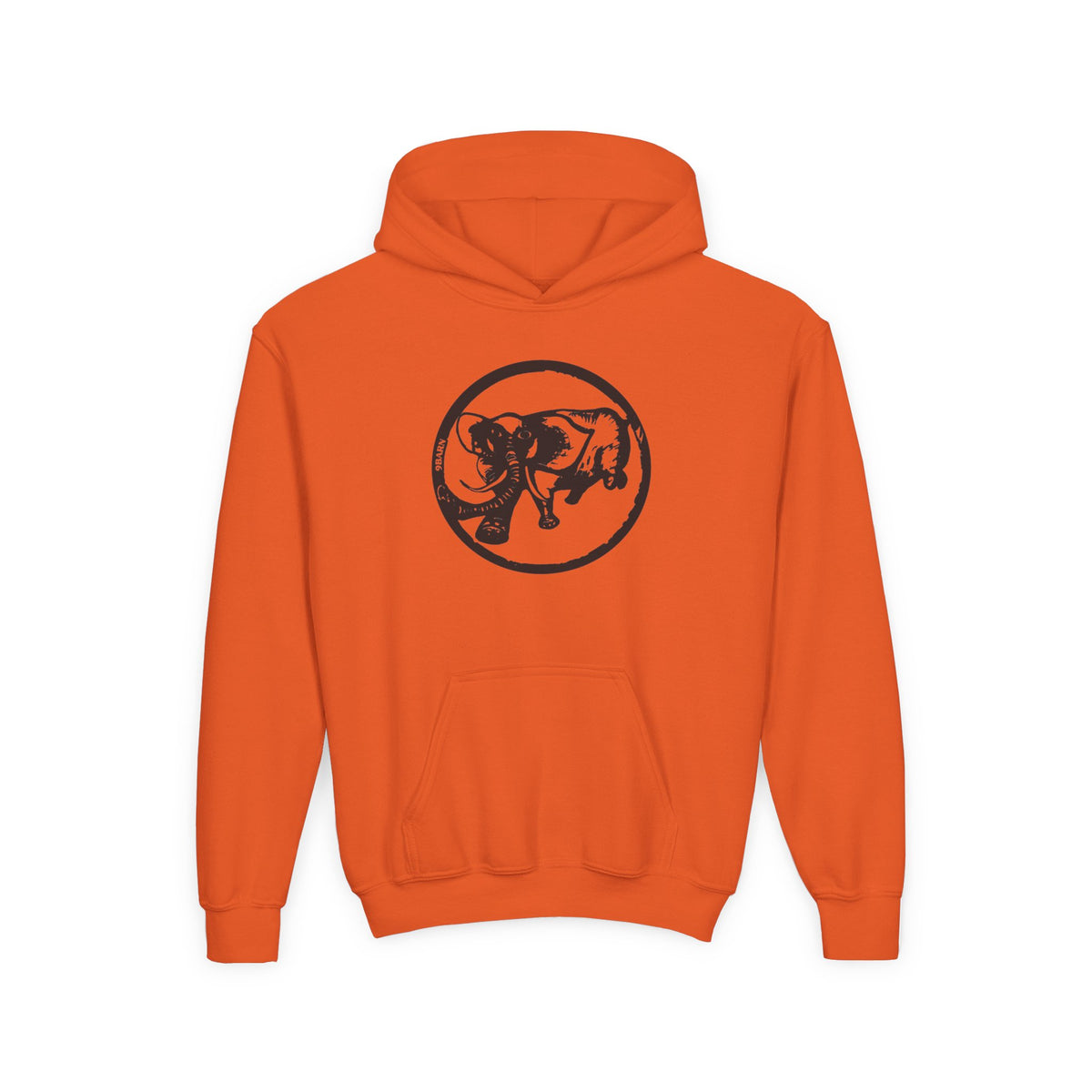 Orange youth hoodie with black 9BARN Elephante logo on the chest