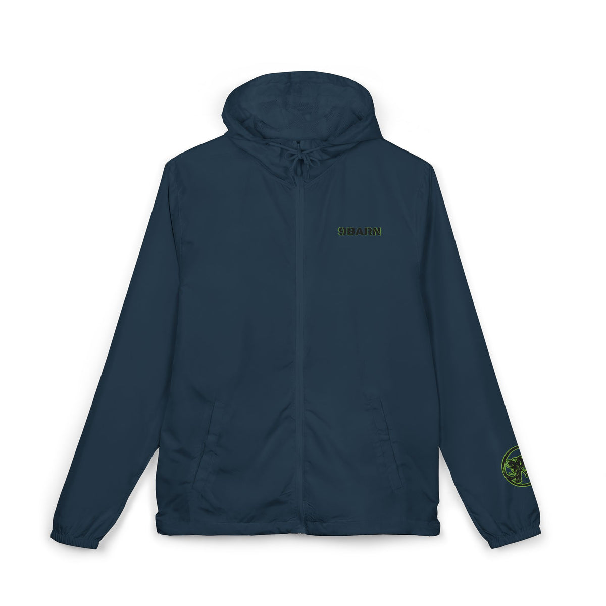Classic Navy 9BARN lightweight zip-up windbreaker, front, with the 9BARN mark on the chest and the emblem on the sleeve