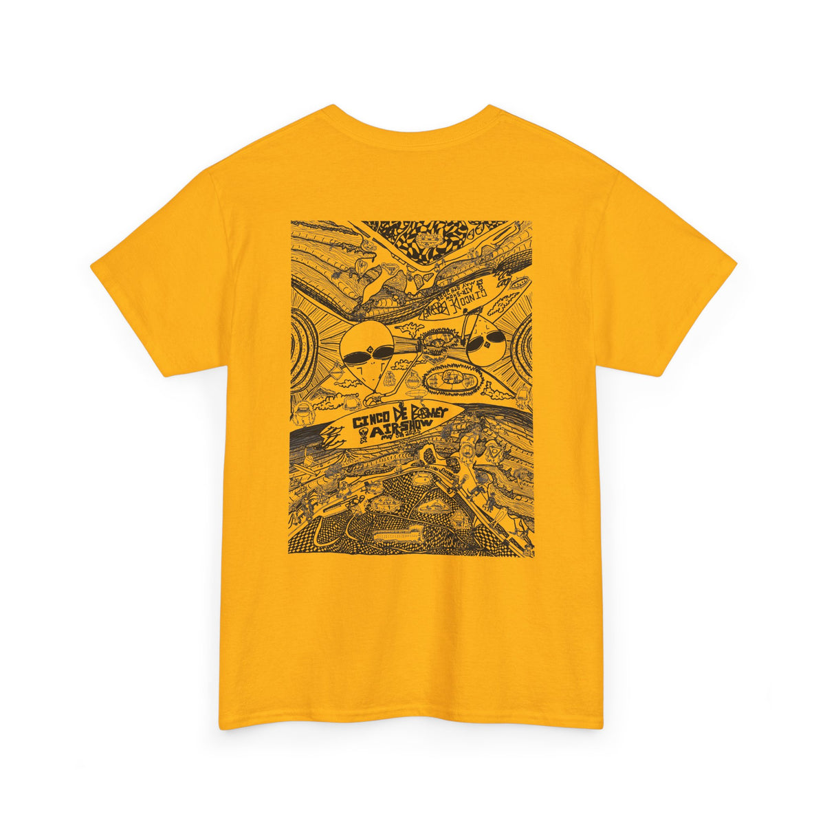 Gold 9BARN Cinco de Barney Air Show tee, back, Barney's hand-inked alien and surfboard drawing