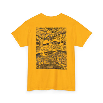 Gold 9BARN Cinco de Barney Air Show tee, back, Barney's hand-inked alien and surfboard drawing