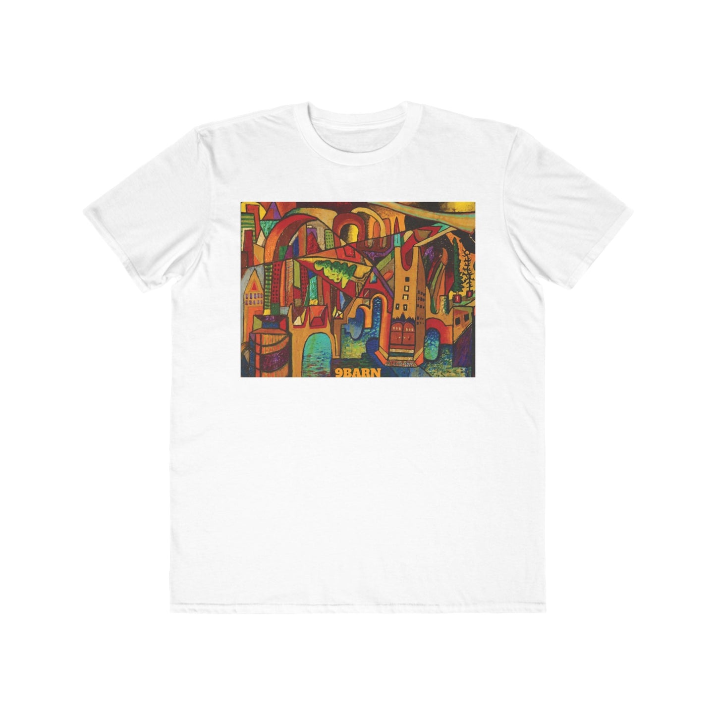 9BARN CityScape tee, Barney Barron's cityscape painting printed full front on a light cotton tee.