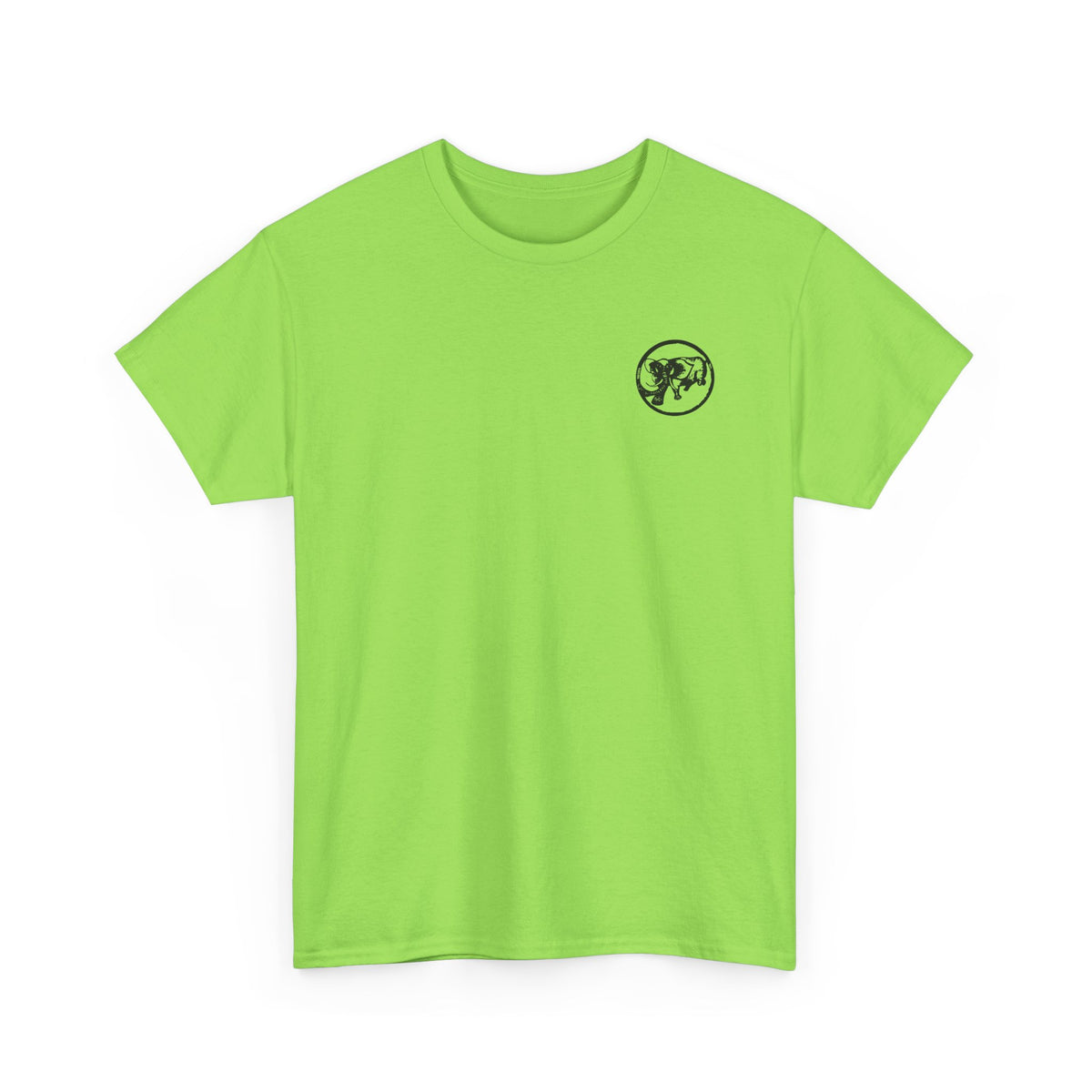 Neon Green 9BARN Cinco de Barney Air Show tee, front, small circle emblem on the left chest