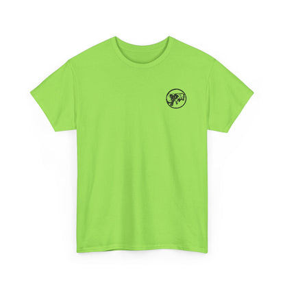 Neon Green 9BARN Cinco de Barney Air Show tee, front, small circle emblem on the left chest