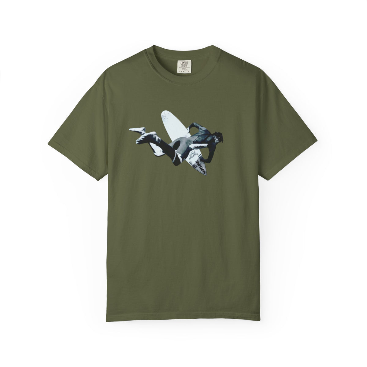 Hemp green 9BARN Coming In Hot tee, front, surfer in mid-air