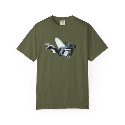 Hemp green 9BARN Coming In Hot tee, front, surfer in mid-air