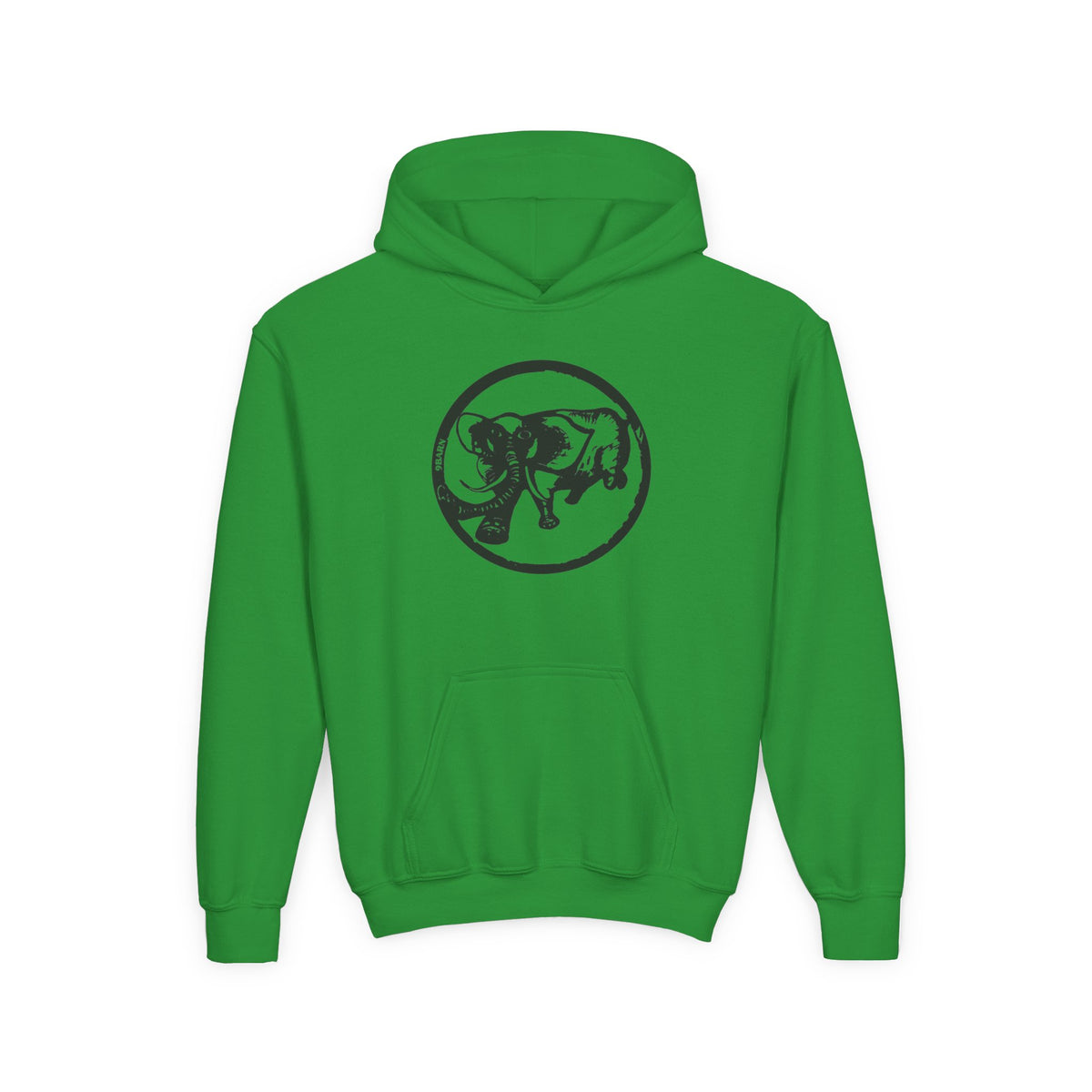 Irish green youth hoodie with black 9BARN Elephante logo on the chest