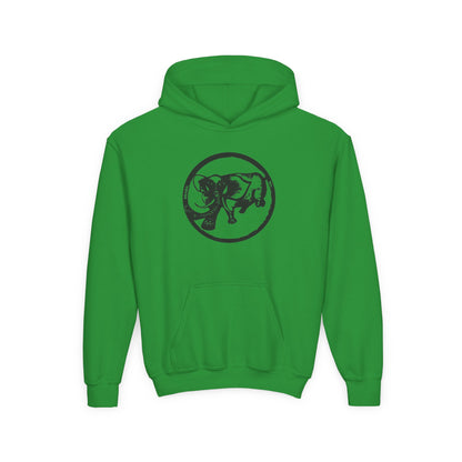 Irish green youth hoodie with black 9BARN Elephante logo on the chest