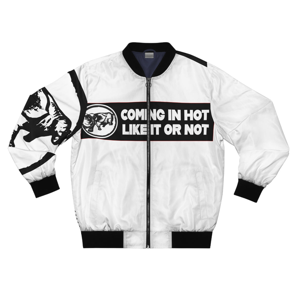 9BARN Coming In Hot Bomber Jacket in white with a black Coming In Hot Like It Or Not band, Elephante emblem and black cuffs