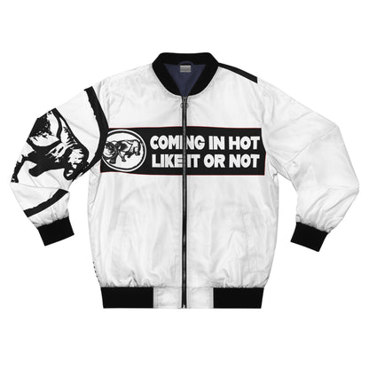9BARN Coming In Hot Bomber Jacket in white with a black Coming In Hot Like It Or Not band, Elephante emblem and black cuffs