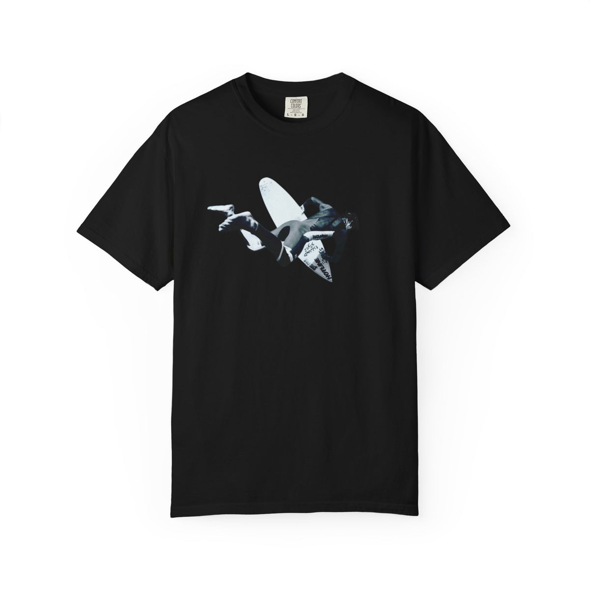 Black 9BARN Coming In Hot tee, front, surfer in mid-air