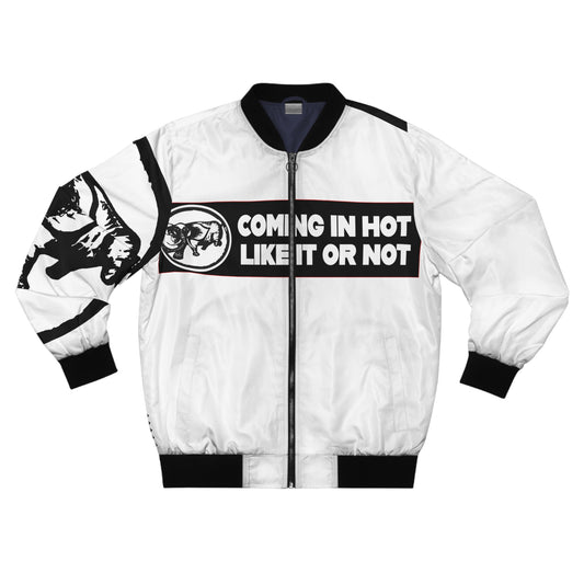 9BARN Coming In Hot Bomber Jacket in White, front, checkerboard diamond panel with Elephante badge and Coming In Hot text.