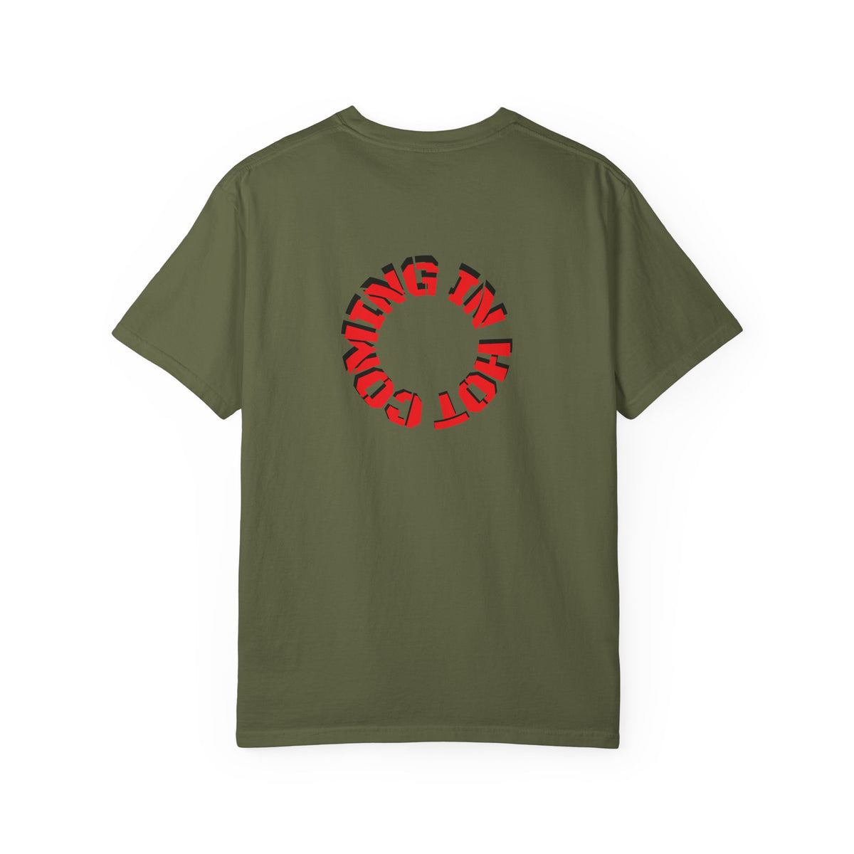 Hemp green 9BARN Coming In Hot tee, back, COMING IN HOT in a red ring