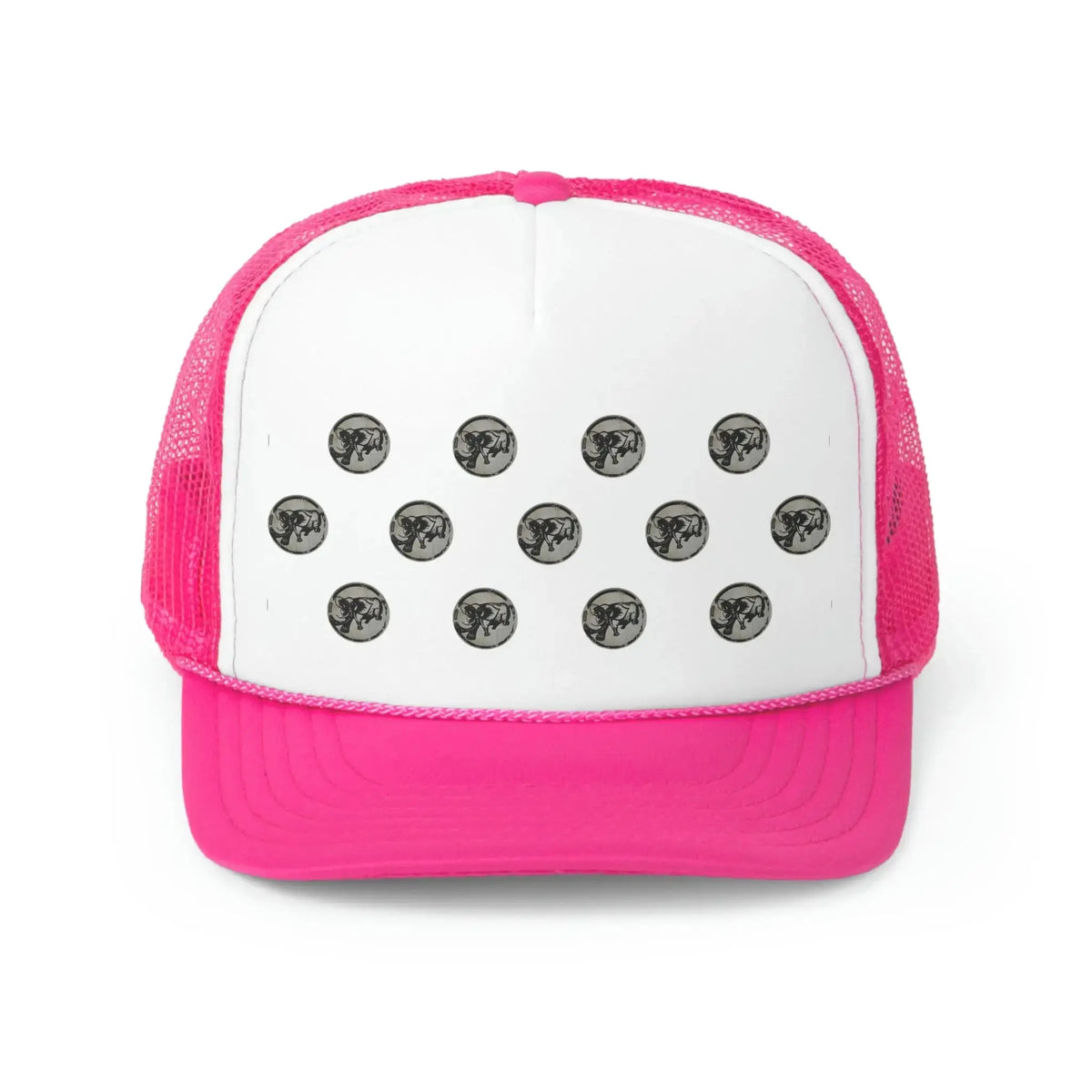 9BARN Jusan Dotto Foamy trucker hat in Pink, front, repeated elephant dot pattern on the foam front.
